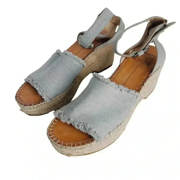 Dolce Vita Denim Platform Sandals Wedges Blue Cream Woven Women's Size 9.5 - Picture 2 of 12